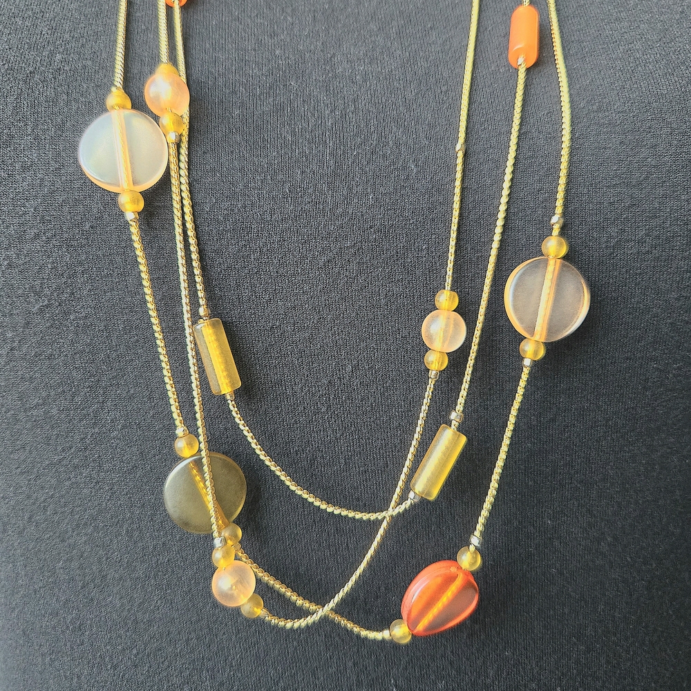 VTG Multi-Strand Goldtone Chain Necklace w Orange/Earth Tone Translucent Beads - Picture 2 of 4